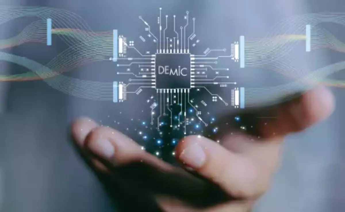 Hologramm von Demic DMS-Messverstärker über Handfläche